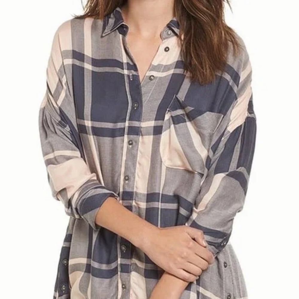 Free People Tunic Length Oversized Slouchy Plaid Button Down Shirt Sz Med